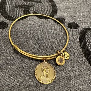 ALEX and ANI Initial R Charm Bangle bracelet in Rafaelian gold finish